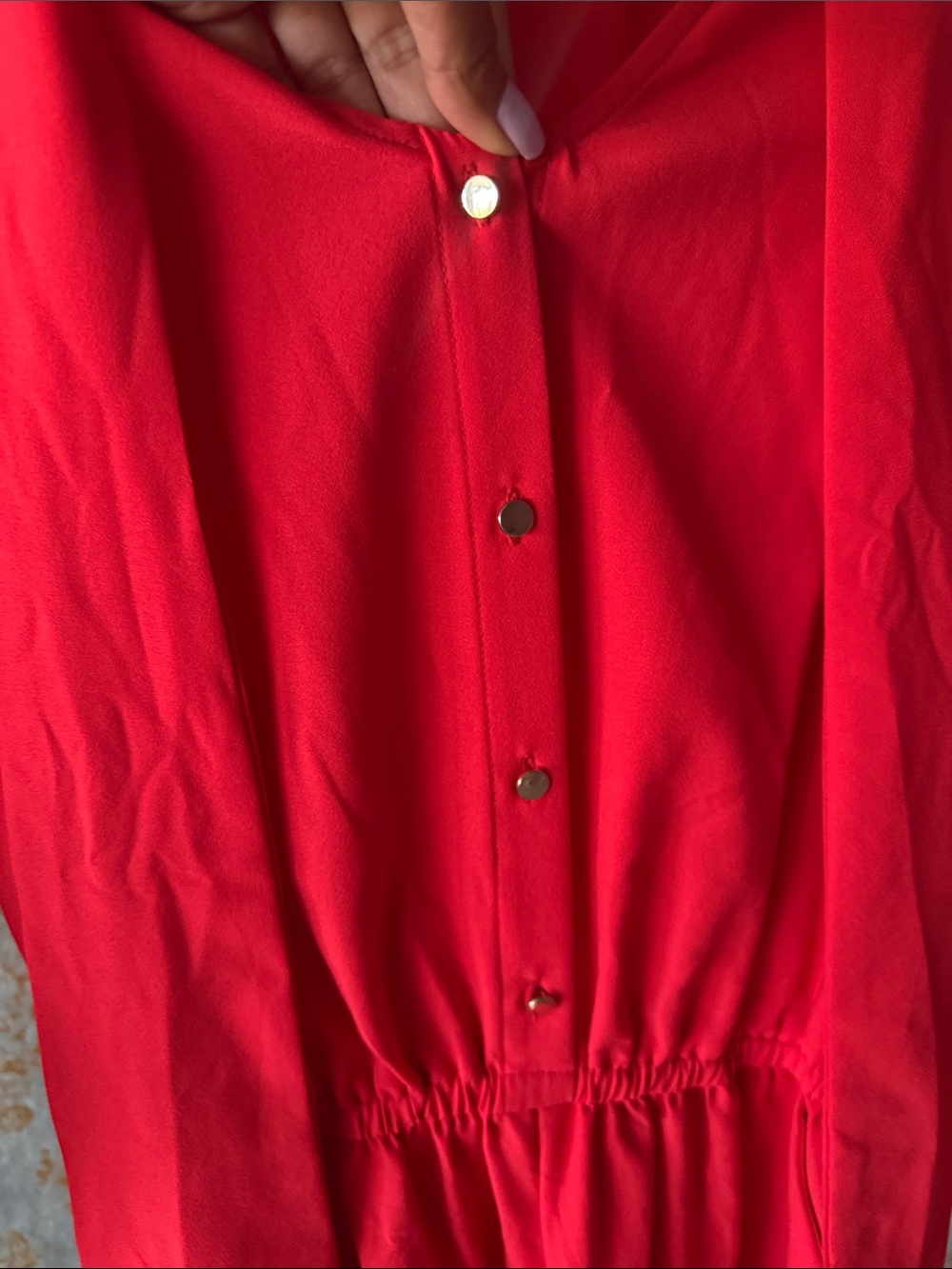 Marilyn Monroe Bright Red Long-Sleeve Button Romper with Neck Tie - Picture 2 of 7
